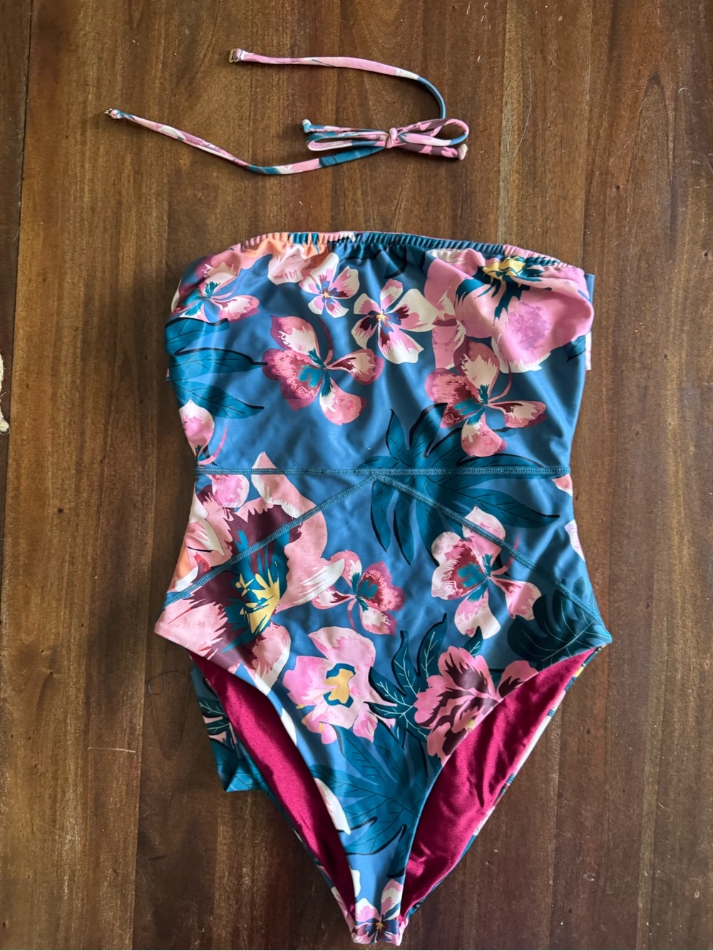 REVOLVE Lovewave Medium Teal Floral Strapless One-Piece Swims